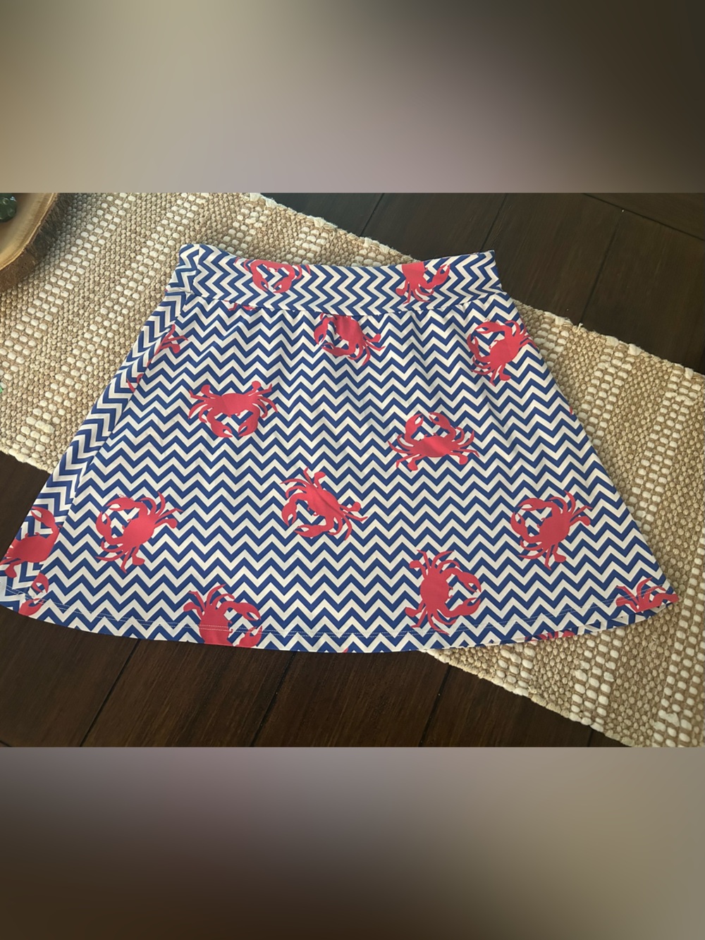 Melly M Women’s Blue Chevron Skirt with Red Crab Print